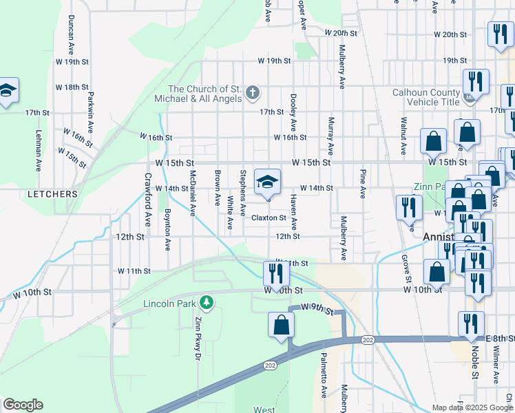map of restaurants, bars, coffee shops, grocery stores, and more near 1016 West 13th Street in Anniston