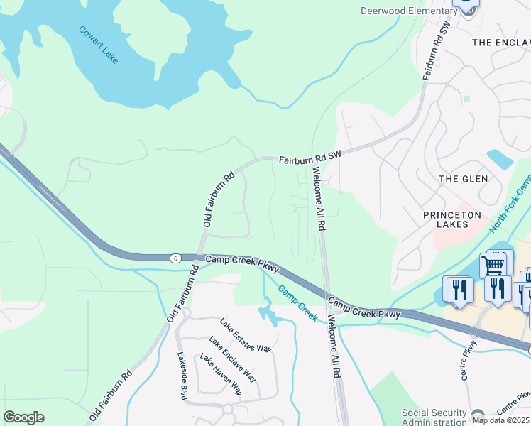 map of restaurants, bars, coffee shops, grocery stores, and more near 3447 Village Park Lane Southwest in Atlanta