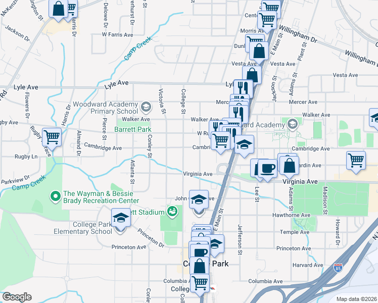 map of restaurants, bars, coffee shops, grocery stores, and more near 1890 Cambridge Avenue in College Park