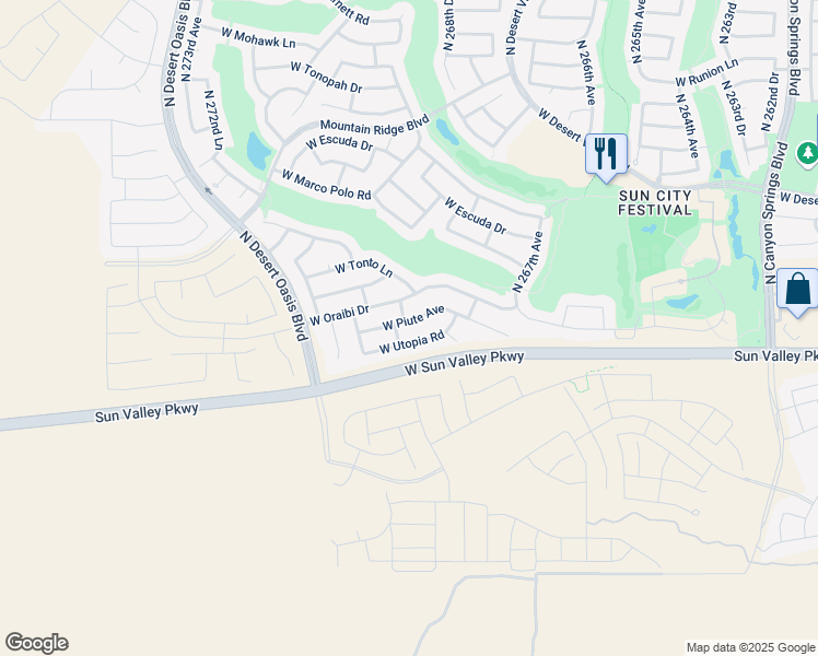 map of restaurants, bars, coffee shops, grocery stores, and more near 26885 West Piute Avenue in Buckeye