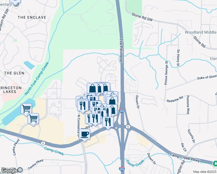 map of restaurants, bars, coffee shops, grocery stores, and more near 5304 Crest Ridge Drive in East Point