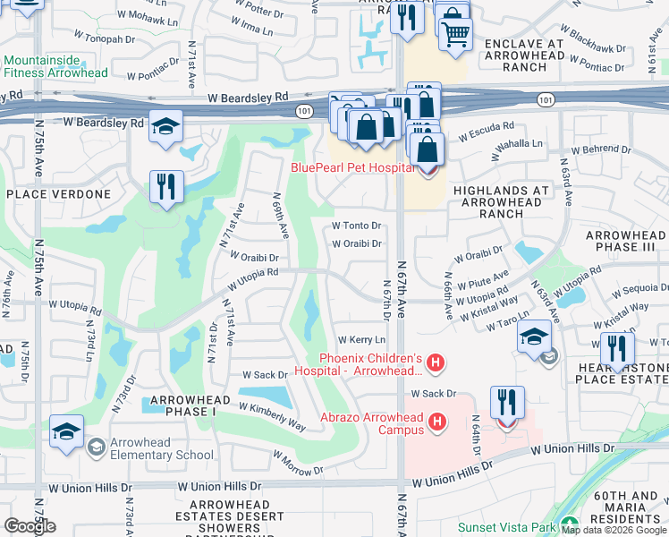 map of restaurants, bars, coffee shops, grocery stores, and more near 19403 North 68th Avenue in Glendale