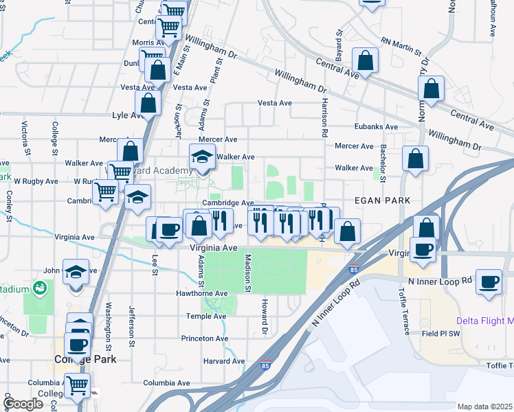 map of restaurants, bars, coffee shops, grocery stores, and more near 1518 Cambridge Avenue in College Park