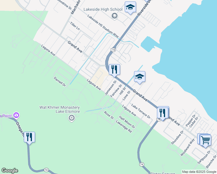 map of restaurants, bars, coffee shops, grocery stores, and more near 33091 Jamieson Street in Lake Elsinore