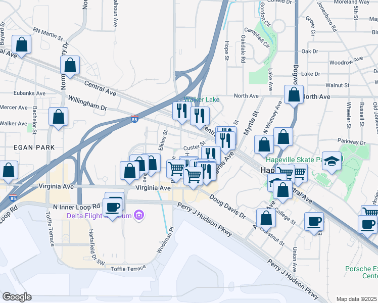 map of restaurants, bars, coffee shops, grocery stores, and more near 866 Custer Street in Atlanta