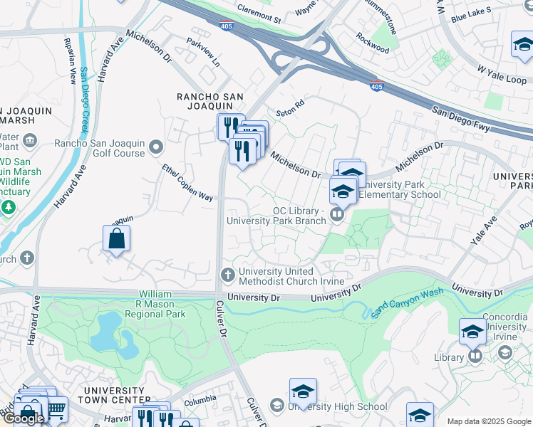 map of restaurants, bars, coffee shops, grocery stores, and more near 14 Leatherwood Way in Irvine