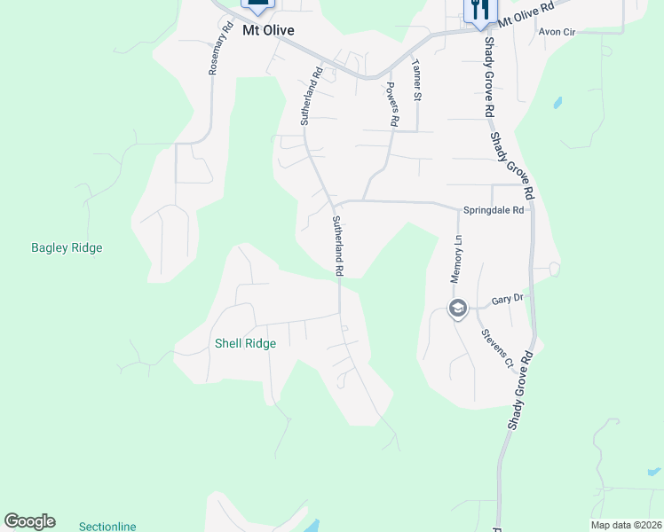 map of restaurants, bars, coffee shops, grocery stores, and more near 5264 Sutherland Road in Mount Olive
