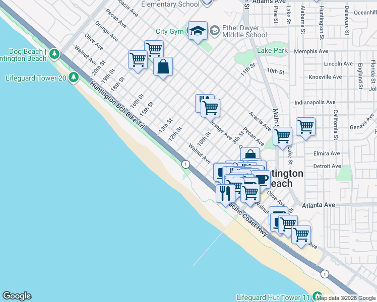 map of restaurants, bars, coffee shops, grocery stores, and more near 115 10th Street in Huntington Beach