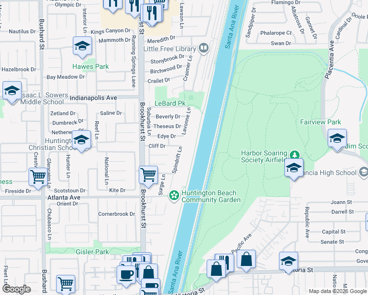 map of restaurants, bars, coffee shops, grocery stores, and more near 20672 Spindrift Lane in Huntington Beach