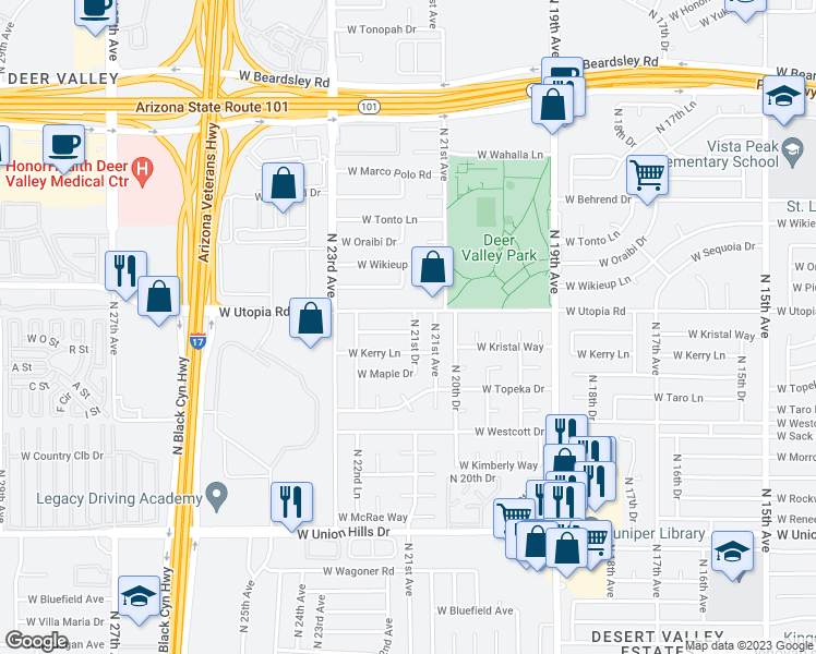 map of restaurants, bars, coffee shops, grocery stores, and more near 2130 West Kristal Way in Phoenix