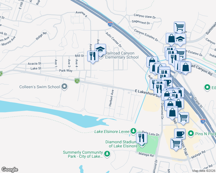 map of restaurants, bars, coffee shops, grocery stores, and more near 0 Morton Avenue in Lake Elsinore