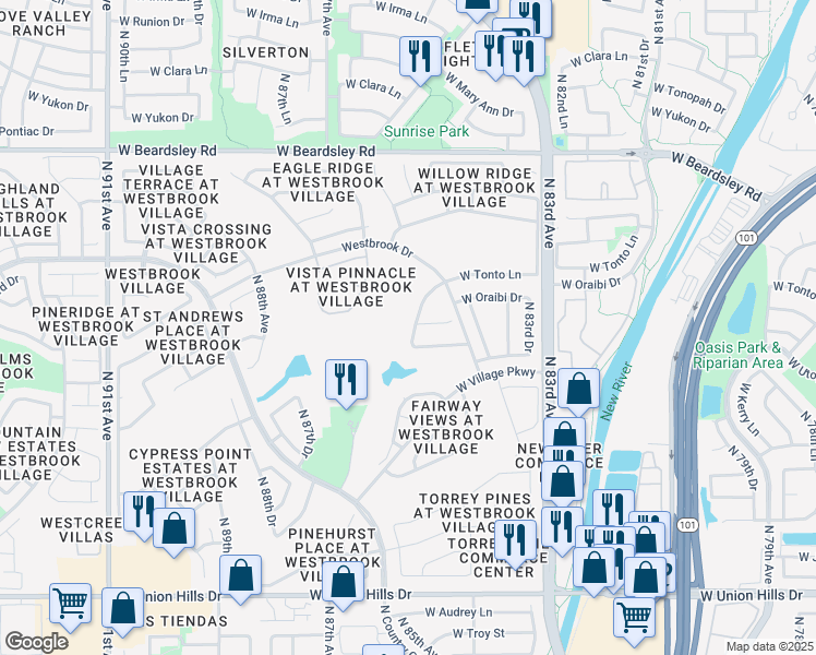 map of restaurants, bars, coffee shops, grocery stores, and more near 19412 North 85th Drive in Peoria