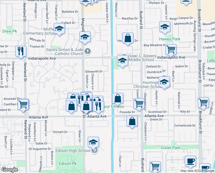 map of restaurants, bars, coffee shops, grocery stores, and more near 9192 Spencer Circle in Huntington Beach