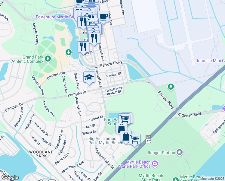 map of restaurants, bars, coffee shops, grocery stores, and more near 3429 Thrash Way in Myrtle Beach