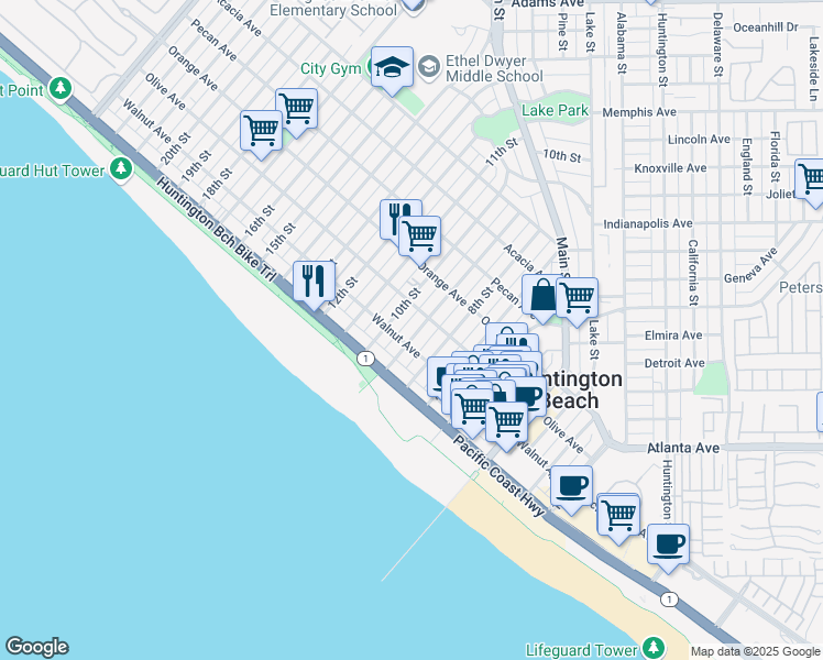 map of restaurants, bars, coffee shops, grocery stores, and more near 211 9th Street in Huntington Beach