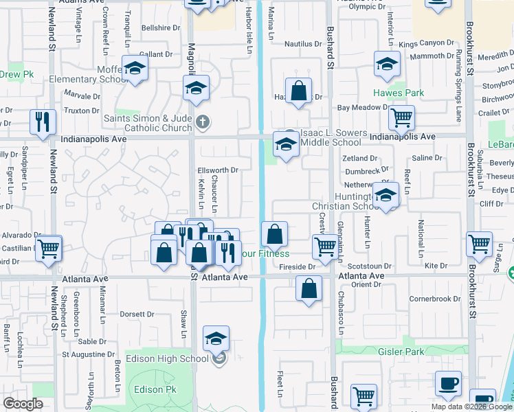 map of restaurants, bars, coffee shops, grocery stores, and more near 9192 Spencer Circle in Huntington Beach