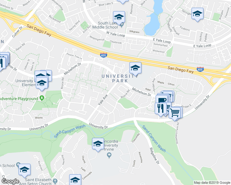 map of restaurants, bars, coffee shops, grocery stores, and more near 4901 Rain Tree Lane in Irvine