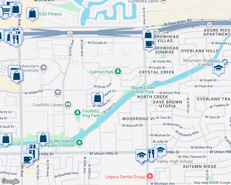 map of restaurants, bars, coffee shops, grocery stores, and more near 5329 West Kerry Lane in Glendale