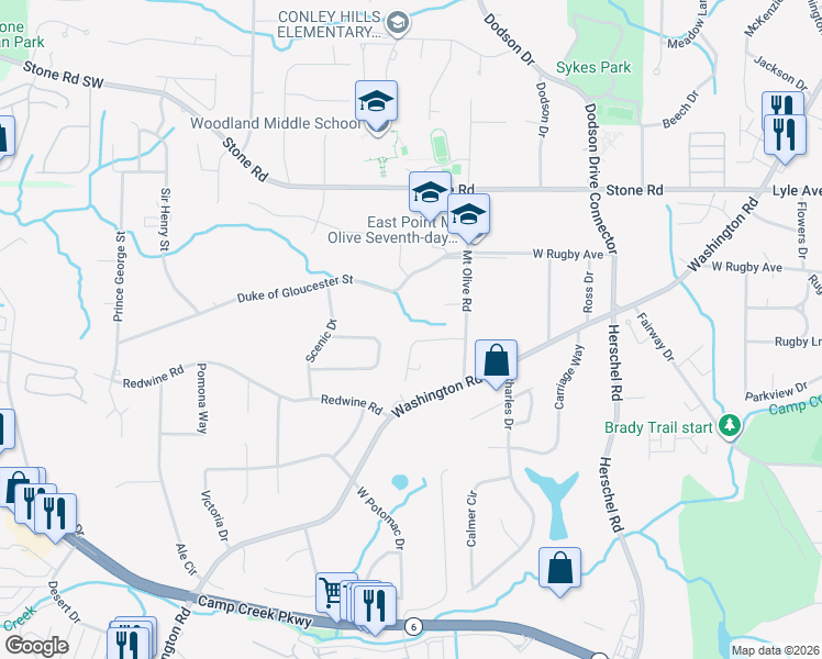 map of restaurants, bars, coffee shops, grocery stores, and more near 2755 Dresden Trail in East Point