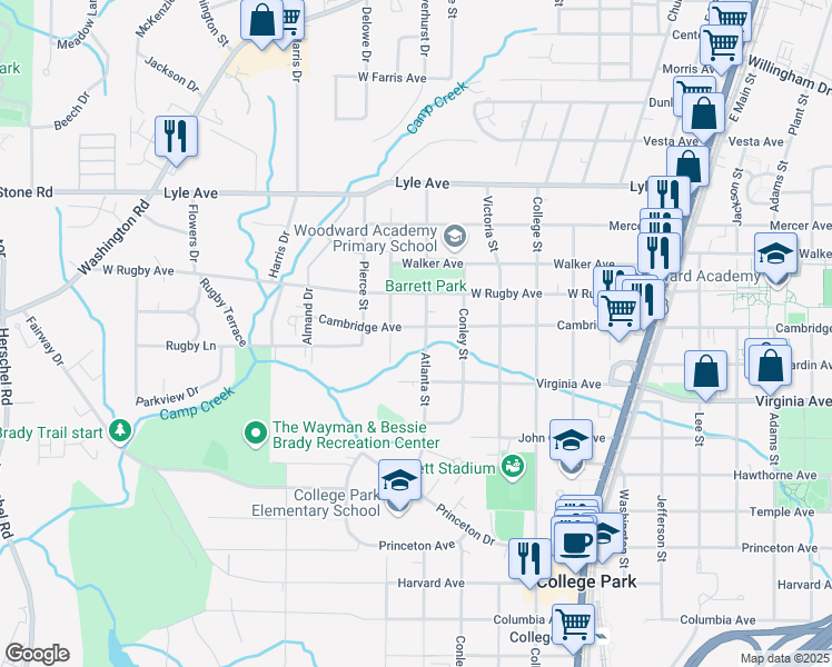 map of restaurants, bars, coffee shops, grocery stores, and more near 2040 Cambridge Avenue in College Park