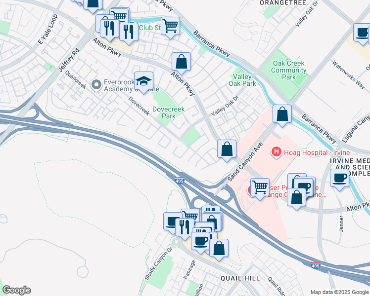map of restaurants, bars, coffee shops, grocery stores, and more near 39 Kelsey in Irvine