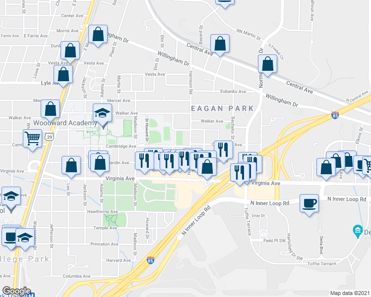 map of restaurants, bars, coffee shops, grocery stores, and more near 3445 Harrison Road in Atlanta