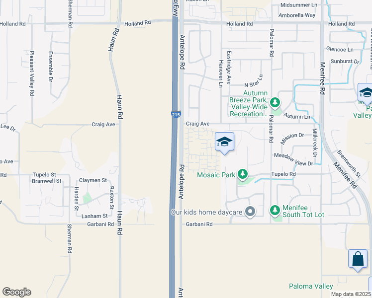 map of restaurants, bars, coffee shops, grocery stores, and more near 31656 Antelope Road in Menifee