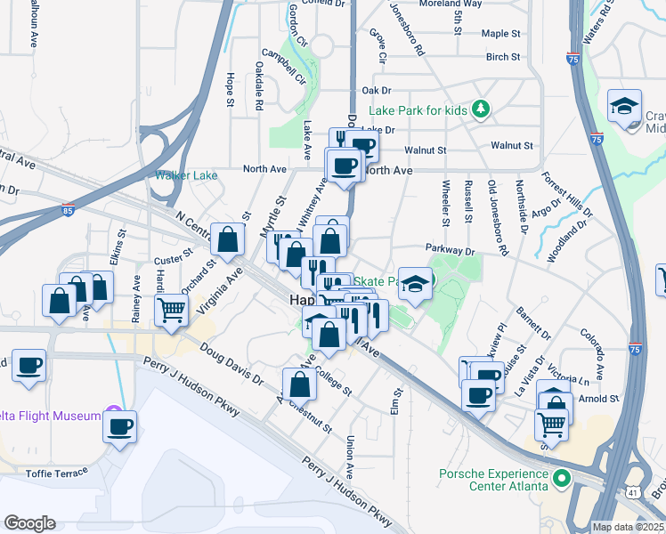 map of restaurants, bars, coffee shops, grocery stores, and more near 3396 Dogwood Drive in Hapeville