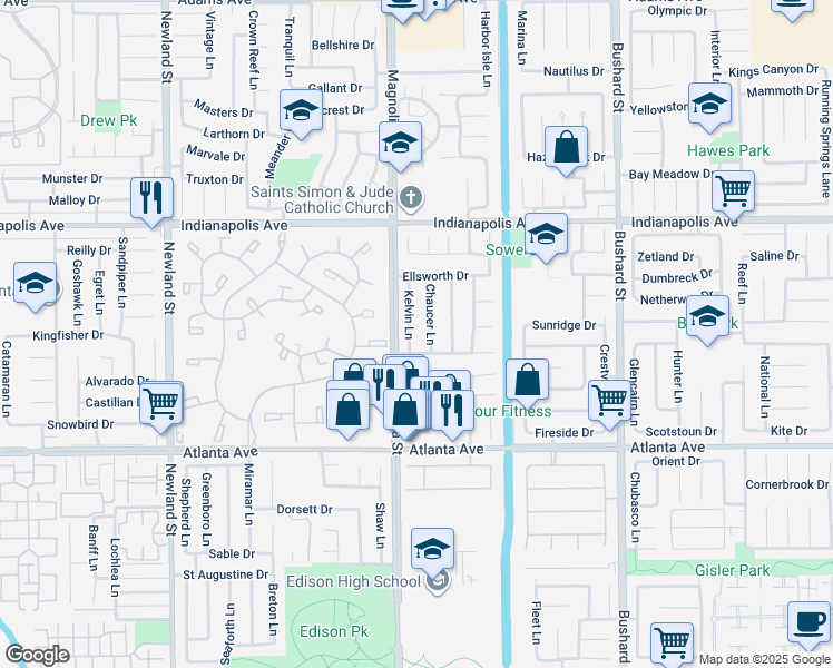 map of restaurants, bars, coffee shops, grocery stores, and more near 20732 Kelvin Lane in Huntington Beach