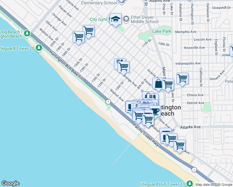 map of restaurants, bars, coffee shops, grocery stores, and more near 202 10th Street in Huntington Beach