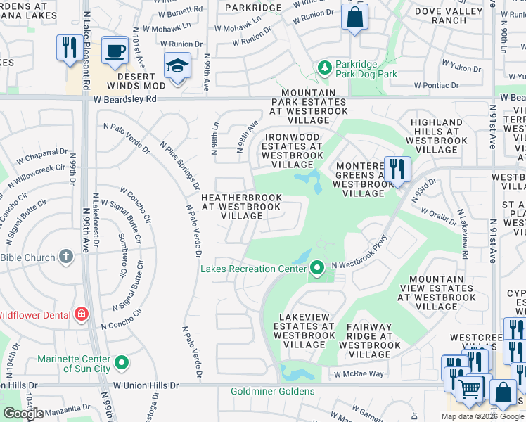 map of restaurants, bars, coffee shops, grocery stores, and more near 19606 North 97th Lane in Peoria