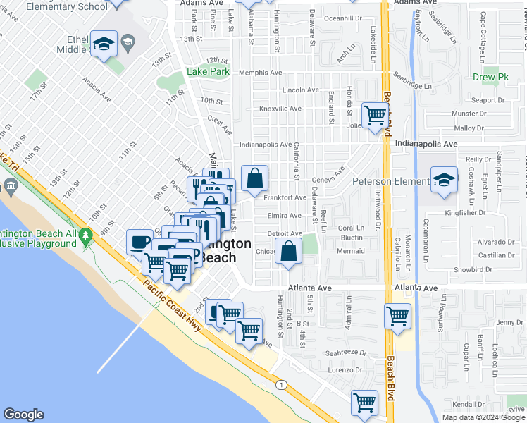 map of restaurants, bars, coffee shops, grocery stores, and more near 213 Elmira Avenue in Huntington Beach