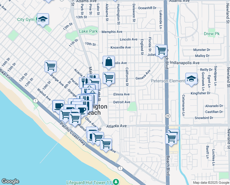 map of restaurants, bars, coffee shops, grocery stores, and more near 221 Elmira Avenue in Huntington Beach