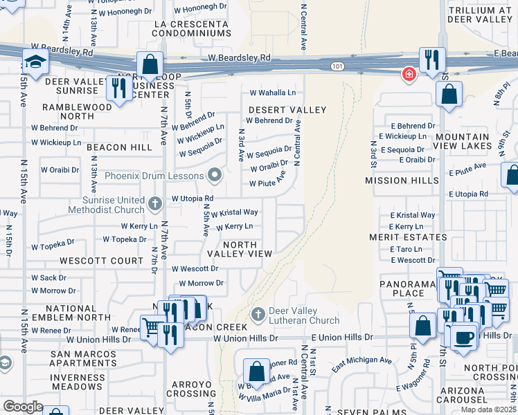 map of restaurants, bars, coffee shops, grocery stores, and more near 222 West Kristal Way in Phoenix
