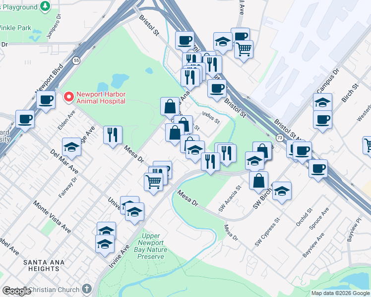 map of restaurants, bars, coffee shops, grocery stores, and more near 20292 Riverside Drive in Newport Beach