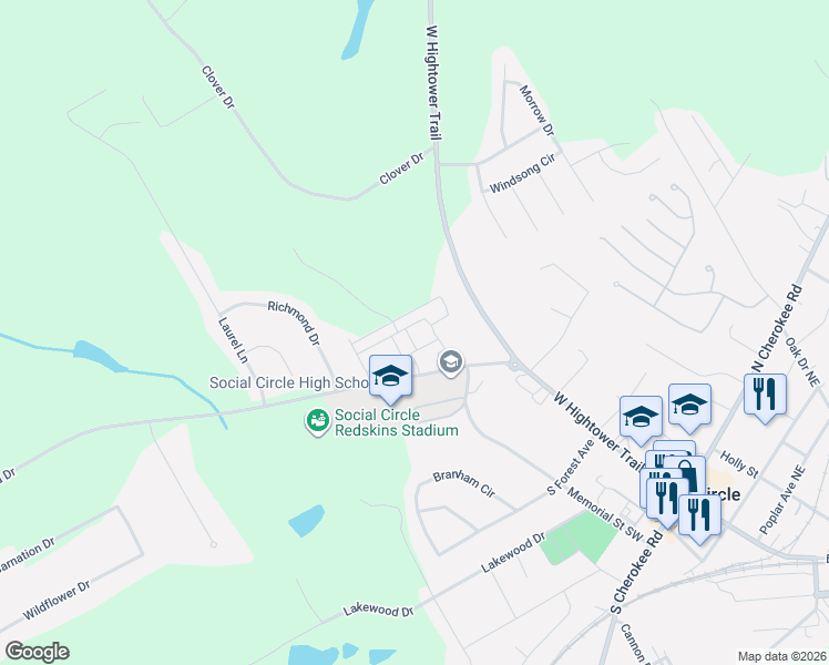 map of restaurants, bars, coffee shops, grocery stores, and more near 132 Cowpens Road in Social Circle