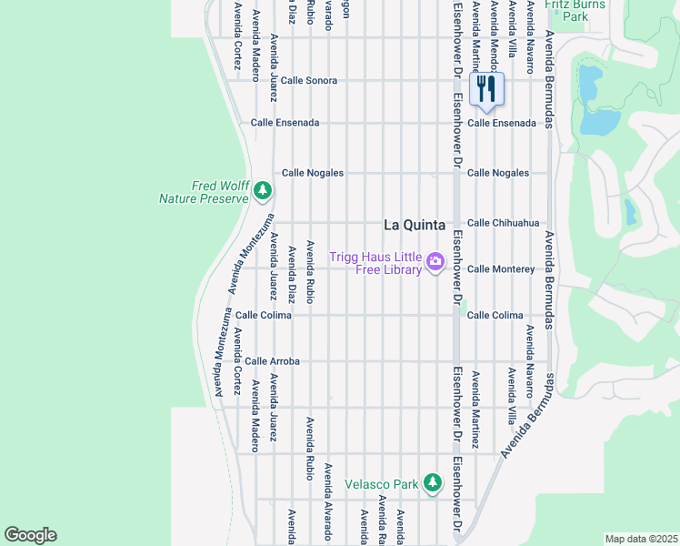 map of restaurants, bars, coffee shops, grocery stores, and more near 53265 Avenue Obregon in La Quinta