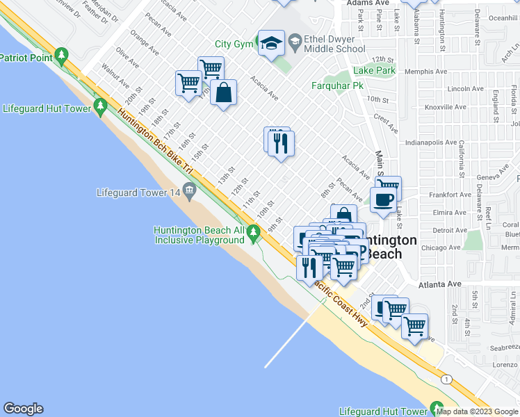 map of restaurants, bars, coffee shops, grocery stores, and more near 117 10th Street in Huntington Beach