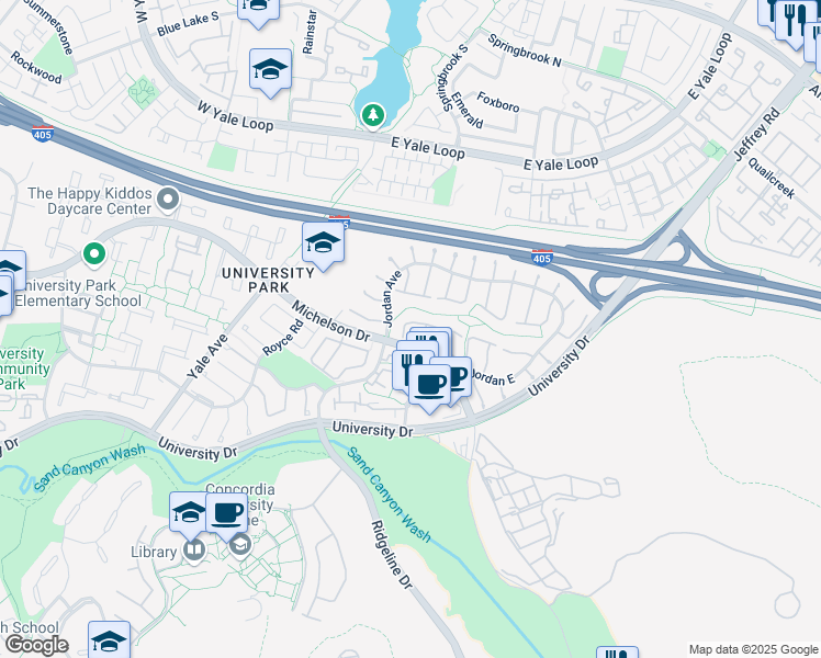 map of restaurants, bars, coffee shops, grocery stores, and more near 5146 Thorn Tree Lane in Irvine