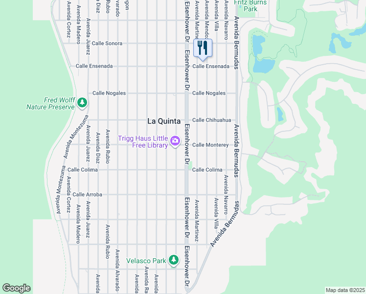 map of restaurants, bars, coffee shops, grocery stores, and more near 53255 Eisenhower Drive in La Quinta