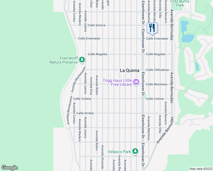 map of restaurants, bars, coffee shops, grocery stores, and more near 53265 Avenue Obregon in La Quinta