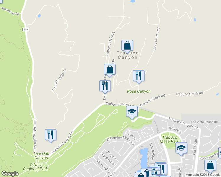 map of restaurants, bars, coffee shops, grocery stores, and more near 20721 Mountain View Road in Trabuco Canyon