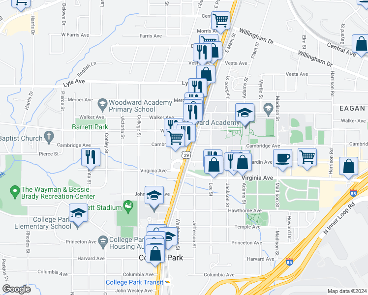 map of restaurants, bars, coffee shops, grocery stores, and more near 3447 Main Street in Atlanta