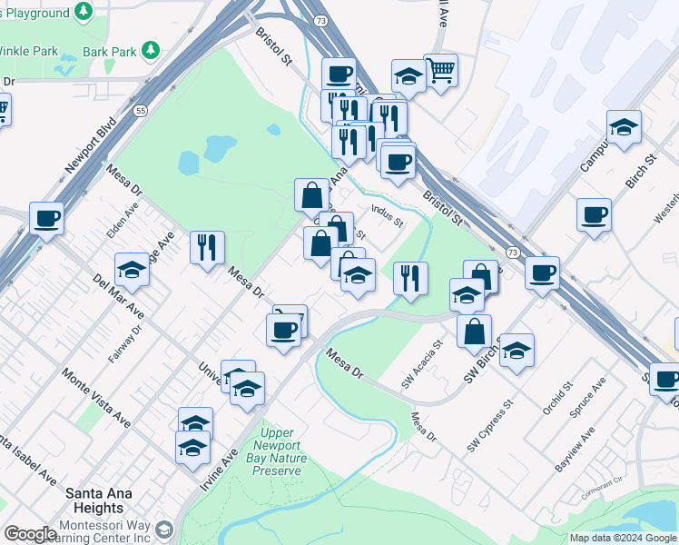map of restaurants, bars, coffee shops, grocery stores, and more near 20292 Riverside Drive in Newport Beach