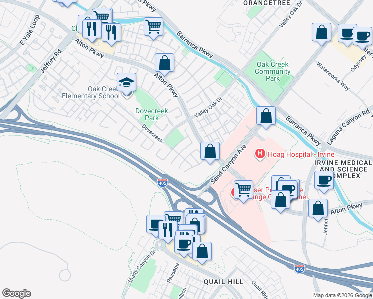 map of restaurants, bars, coffee shops, grocery stores, and more near 44 Pembroke in Irvine