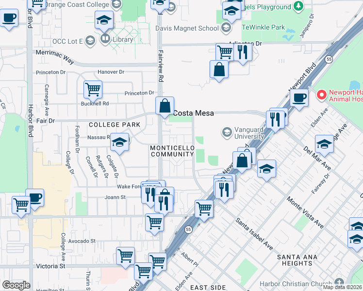 map of restaurants, bars, coffee shops, grocery stores, and more near 146 Yorktown Lane in Costa Mesa