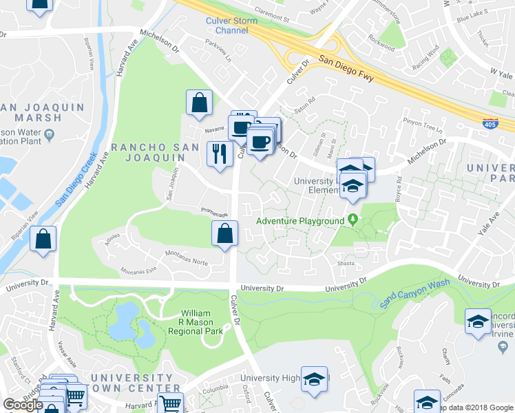 map of restaurants, bars, coffee shops, grocery stores, and more near 4 Bayberry Way in Irvine