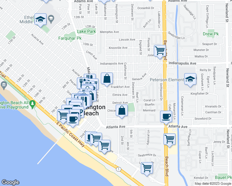 map of restaurants, bars, coffee shops, grocery stores, and more near 231 Elmira Avenue in Huntington Beach