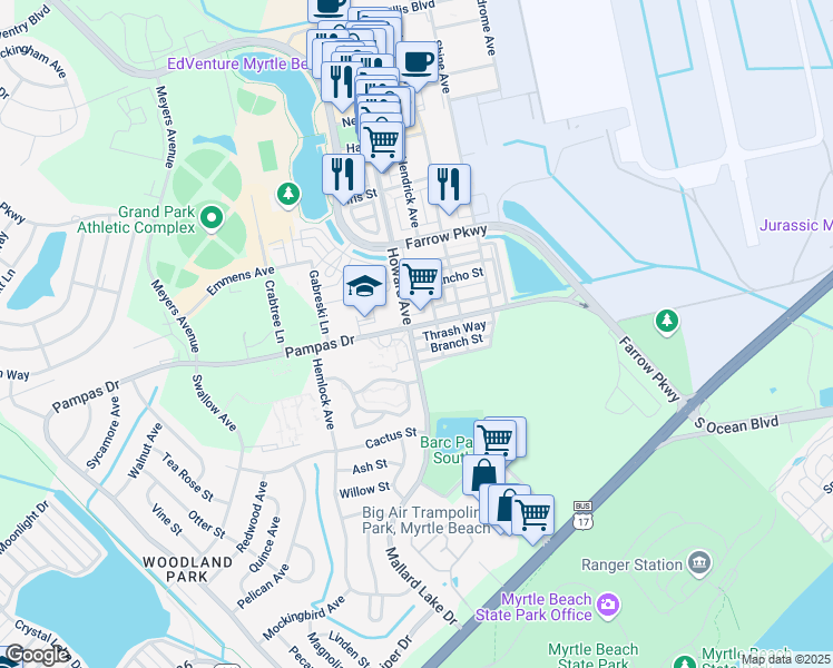 map of restaurants, bars, coffee shops, grocery stores, and more near 3463 Pampas Drive in Myrtle Beach