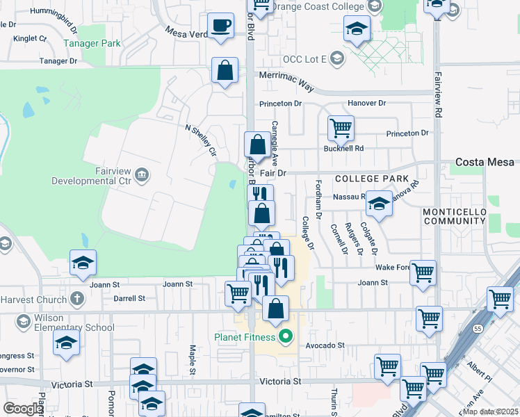 map of restaurants, bars, coffee shops, grocery stores, and more near 2400 Harbor Boulevard in Costa Mesa